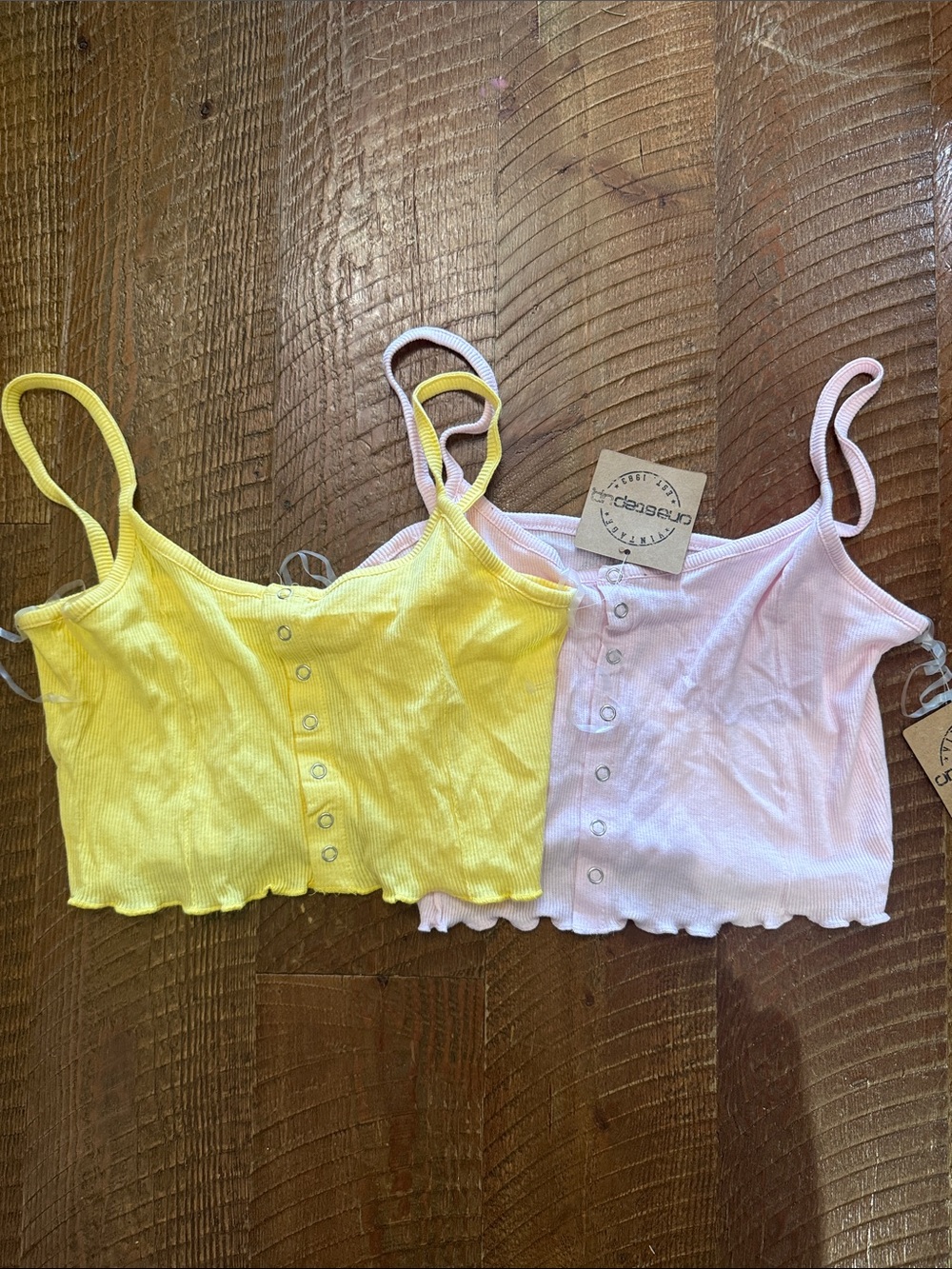 Yellow & Light Pink Ribbed Button-Front Crop Tops